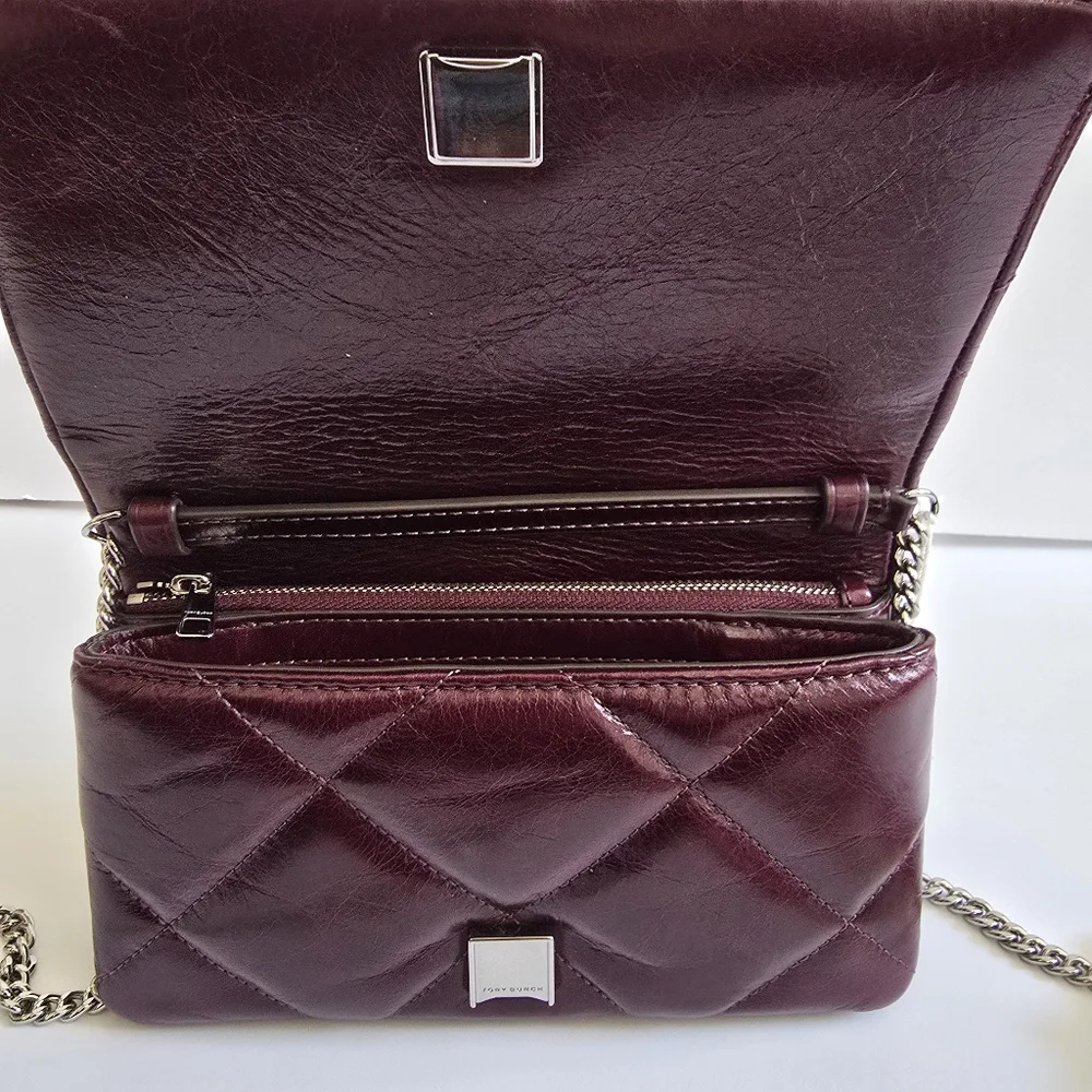 Tory Burch Kira Diamond Distressed Leather Chain Wallet Dark Carmine